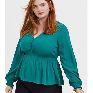 TORRID Emerald Gauze Smocked Peplum Midi Blouse Size 00 Solid NWT Fairly